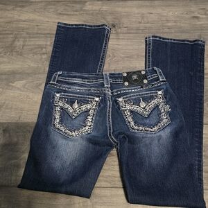 Miss Me Dark Blue Straight Leg Jeans with Embellished Pockets